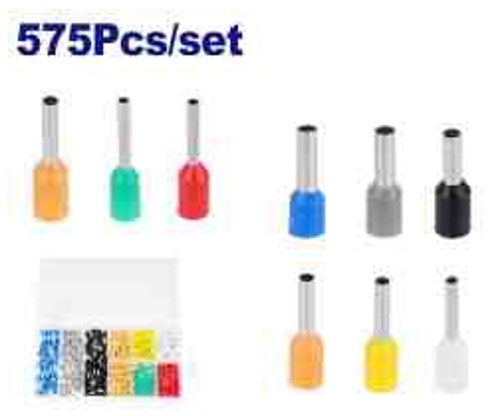 575 Piece Tubular Terminal Kit E0508-E6012 Color-coded Ferrules PP Brass Plastic Box